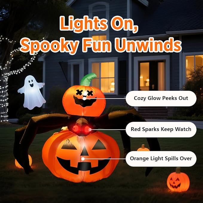 GARIG 6FT Halloween Inflatables Outdoor Decorations Pumpkin Spider Build-in LEDs Lights Blow Up Yard Decorations for Garden Lawn Indoor Party Holiday Decor