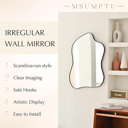 Irregular Wall Mirror Black Wave Shaped Matel Framed Wall Mirror for Bathroom Bedroom Entryway Living Room Wall Decor 24" L x 18" W 2305B