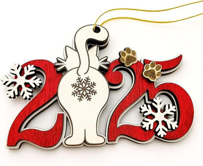 Cat 2025 Christmas Ornament – Cute Wooden Kitten Butt Tree Decoration with Snowflakes & Paw Prints for Cat Lovers, Pet Owner Christmas Décor