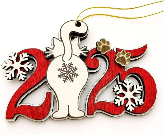 Cat 2025 Christmas Ornament – Cute Wooden Kitten Butt Tree Decoration with Snowflakes & Paw Prints for Cat Lovers, Pet Owner Christmas Décor