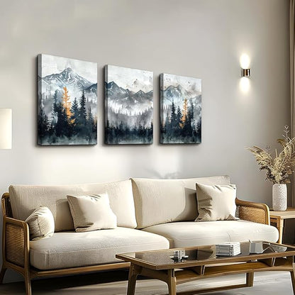 DZRWUBHS Canvas Wall Art Prints Modern Wall Decor for Bedroom Wall Art Living Room Office Poster Mountain Landscape Pictures Foggy Forest Vintage Paintings Artwork Home Decor Ready To Hang 3 Piece