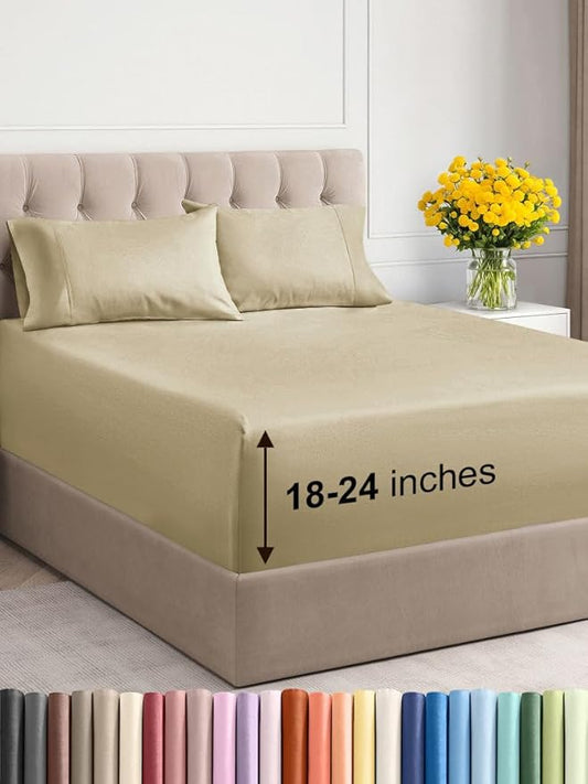 Extra Deep Twin Sheet Set - 4 Piece Breathable and Cooling Sheets - Hotel Luxury Bed Sheets Set - Easy & Secure Fit - Soft, Wrinkle Free and Comfy Sheets Set - Beige Sheet Set with Extra Deep Pockets