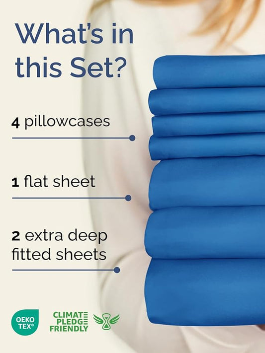 Extra Deep Split King Sheet Set - 7 Piece Breathable & Cooling Sheets - Hotel Luxury Bed Sheets Set - Easy Fit - Soft, Wrinkle Free & Comfy Sheets Set - Royal Blue Sheet Set with Extra Deep Pockets