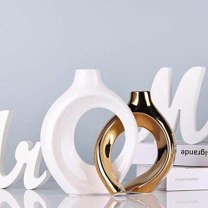 White Gold Ceramic Vase Set of 2 for Modern Home Decor,Round Boho Vase for Pampas Grass,Neutral Minimalist Vase for Dining Room Table Centerpiece Dining Room,Wedding Table Decoration