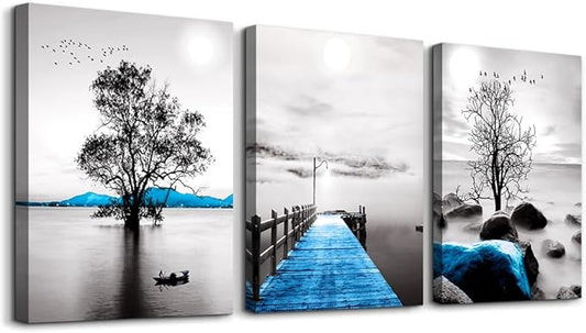 Wall Decorations For Living Room Framed Canvas Wall Art For Bedroom Office Wall Decor Black And White Ocean Landscape Wall Paintings Modern Posters Pictures Artwork For Bathroom Home Decor 3 Piece