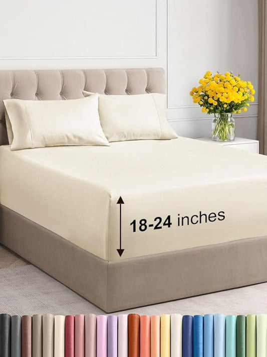 Extra Deep Twin Sheet Set - 4 Piece Breathable & Cooling Sheets - Hotel Luxury Bed Sheets Set - Easy & Secure Fit - Soft, Wrinkle Free & Comfy Sheets Set - Off White Sheet Set with Extra Deep Pockets