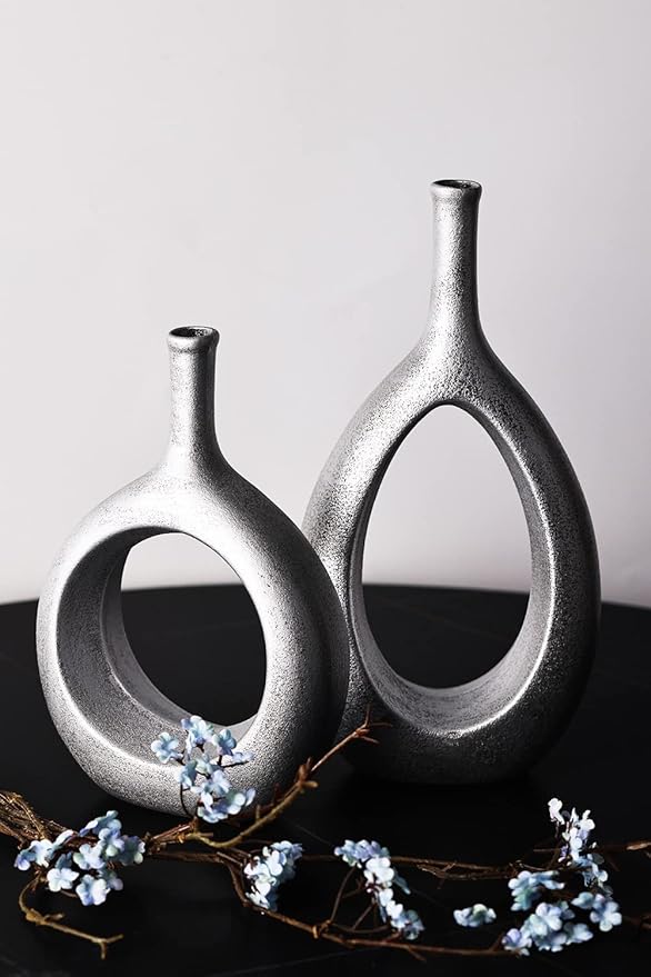 Vintage Silver Ceramic Vase Set 2,Modern Hollow Circle with Hole Flower Vase for Home Decor,for Table Centerpieces,Farmhouse,Fire Place,Living Room,Bedroom,Office,Bookshelf,Rustic Decor