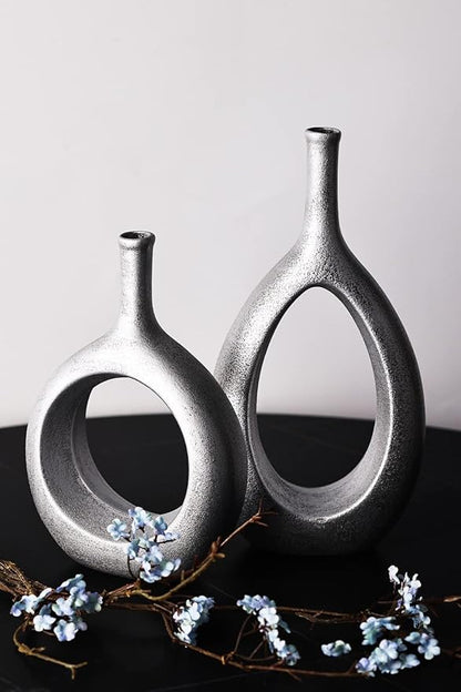 Vintage Silver Ceramic Vase Set 2,Modern Hollow Circle with Hole Flower Vase for Home Decor,for Table Centerpieces,Farmhouse,Fire Place,Living Room,Bedroom,Office,Bookshelf,Rustic Decor
