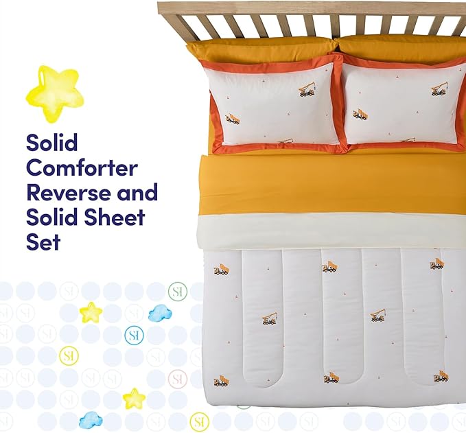 Construction Bedding Set Full Size – Bed in a Bag with Sheets, Pillowcases & Shams – Soft Construction Bedding Comforter Set with Dump Trucks, Cranes & Bulldozers – Fun Kids Construction Bedroom Decor