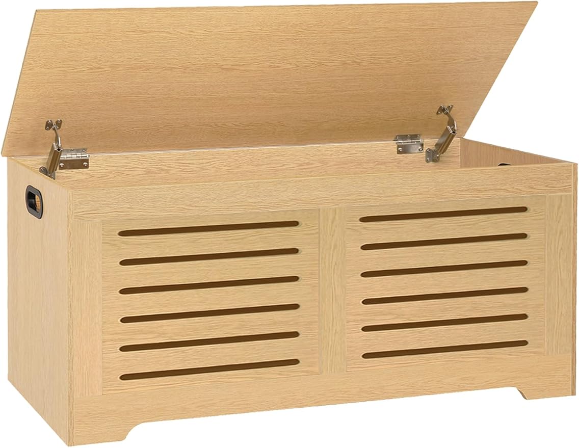 DINZI LVJ Storage Chest, 43.3”Wooden Storage Box with 2 Safety Hinges, Entryway Shoe Bench with Flip-Top, Farmhouse Style Trunk for Living Room, Bedroom, Play Room, Easy Assembly, Natural