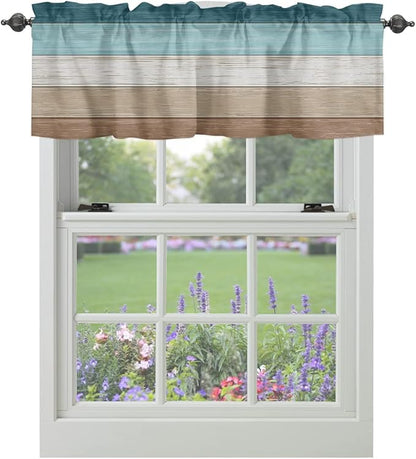 Farmhouse Kitchen Curtains Valances for Windows ,Teal Blue Brown Beach Rod Pocket Country Window Treatment for Kitchen /Living Room/Bedroom/ Bathroom,60" X 18" -1 Panel, Retro Rustic Barn Wood Texture
