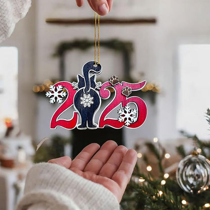 Black Cat 2025 Christmas Ornament – Funny Kitten Butt Wooden Tree Decoration with Snowflakes & Paw Prints for Cat Lovers, Pet Owner Christmas Décor
