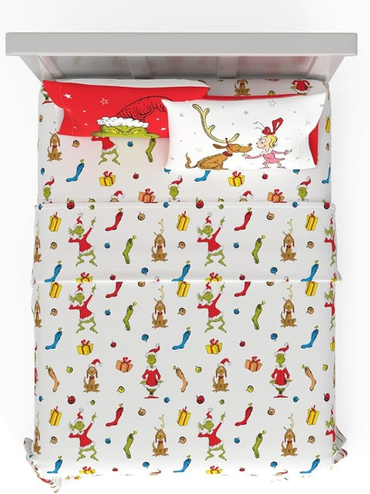 Franco Collectibles Dr. Seuss The Grinch Holiday & Christmas Bedding Super Soft Microfiber 4 Piece Full Sheet Set, (Officially Licensed Product)