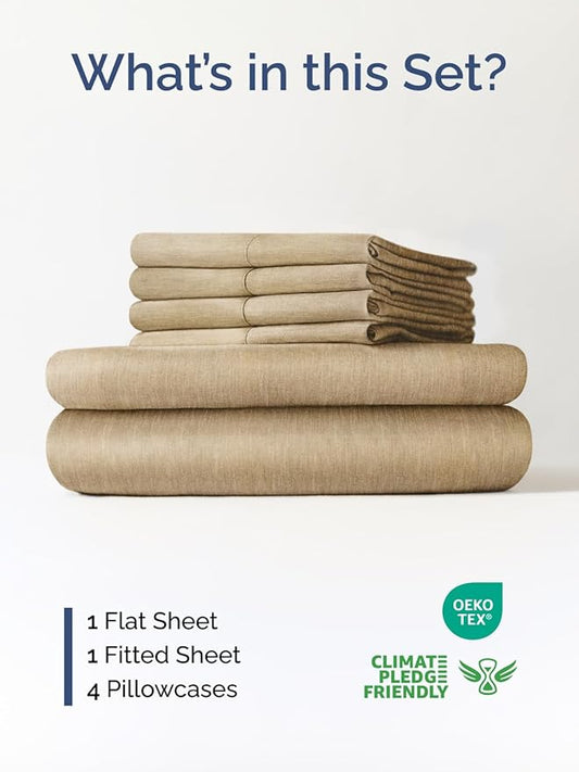 Extra Deep Cal King Sheet Set - 6 Piece Breathable & Cooling Sheets - Hotel Luxury Bed Sheets Set - Easy Fit - Soft, Wrinkle Free & Comfy Sheets Set - Heathered Tan Sheet Set with Extra Deep Pockets