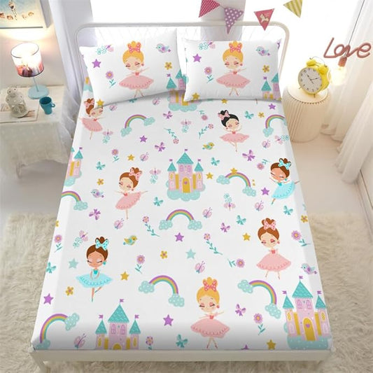 Princess Fitted Sheet Set Twin for Kids Girls Teens Crown Castle Pattern Bed Sheet 2 Piece 3D Print Pink Dreaming Style Sheet Set