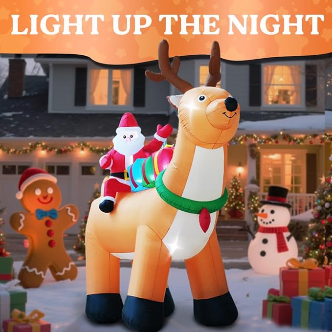 GARIG 10FT Christmas Inflatables Reindeer and Santa Claus Outdoor Decorations, Christmas Blow Up Yard Decorations with Built-in LEDs for Xmax Outdoor Party, Yard, Garden