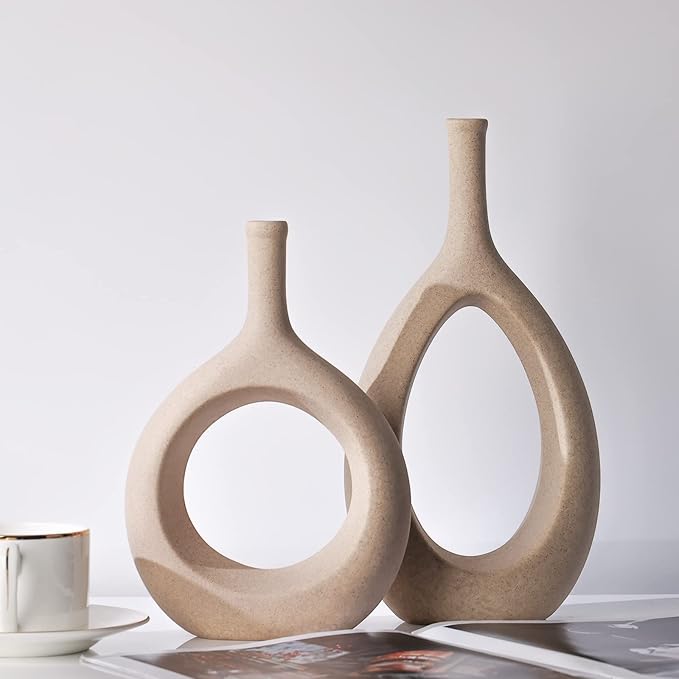 Tan Ceramic Vase Set 2,Modern Hollow Circle with Hole Flower Vase for Home Decor,for Table Centerpieces,Farmhouse,Fire Place,Living Room,Bedroom,Office,Bookshelf,Rustic Decor