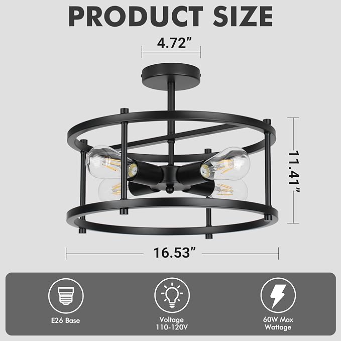 16" Semi Flush Mount 4-Light Industrial Ceiling Light, Black Chandelier for Kitchen, Dining Room, Entryway, Bedroom, Living Room