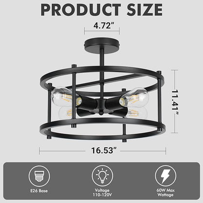 16" Semi Flush Mount 4-Light Industrial Ceiling Light, Black Chandelier for Kitchen, Dining Room, Entryway, Bedroom, Living Room