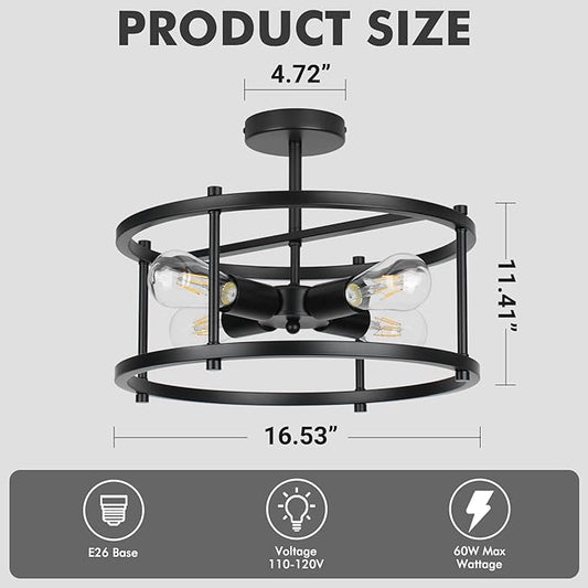 16" Semi Flush Mount 4-Light Industrial Ceiling Light, Black Chandelier for Kitchen, Dining Room, Entryway, Bedroom, Living Room