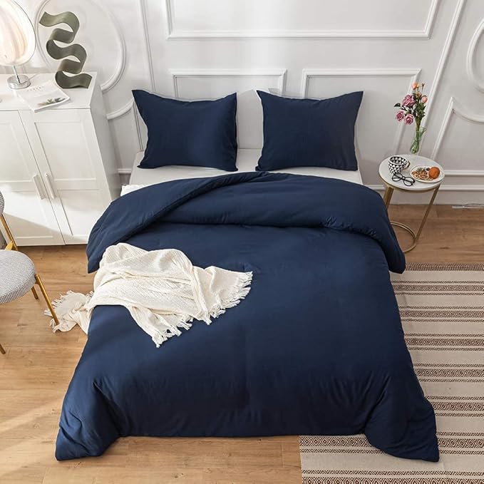 Wellboo Dark Blue Comforter Set, Queen Size, Solid Blue, Minimalist, Adults, Comfy, Modern Classic Bed Comforter