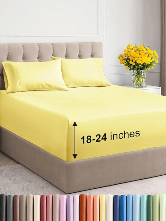 Extra Deep Twin XL Sheet Set - 4 Piece Breathable & Cooling Sheets - Hotel Luxury Bed Sheets Set - Easy & Secure Fit - Soft, Wrinkle Free & Comfy Sheets Set - Yellow Sheet Set with Extra Deep Pockets