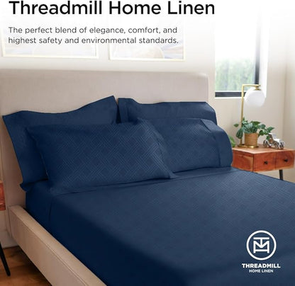 Threadmill Luxury Full Size Sheets for Full Size Mattress | 800 Thread Count Cotton sheets | Jacquard Celine Folkstone Blue| Better Than Egyptian Cotton| 4 Pc Bed Sheets | With Elasticized Deep Pocket