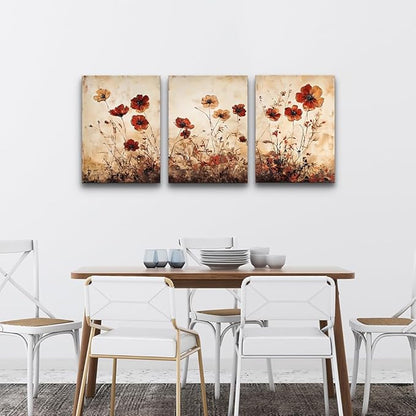 DZRWUBHS Boho Wall Decor For Living Room Canvas Wall Art For Bedroom Office Decorations Bathroom Wall Pictures Flowers Watercolour Paintings Modern Aesthetic Home Decor Artwork 3 Piece Ready To Hang
