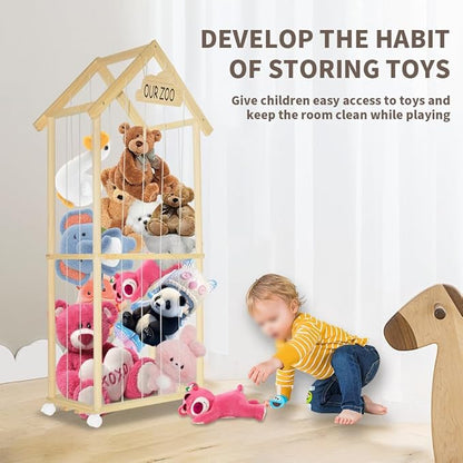 Stuffed Animal Storage Kids Plush Toy Holder Corner Large Stuff Animal Organizer Plushies Storage Creative Zoo Display Wooden Stuffy Storage Cage for Nursery Play Room Bedroom (59 inches in Length)