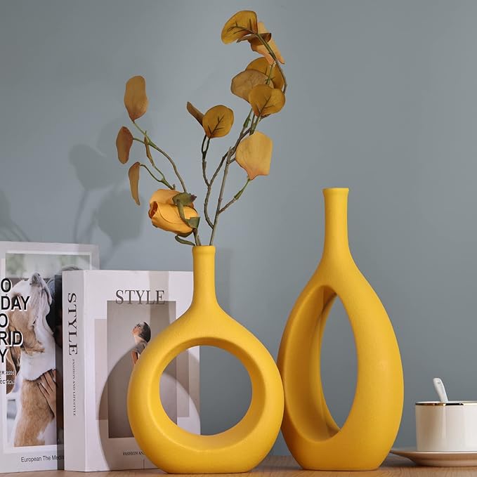 Yellow Ceramic Vase Set 2,Modern Hollow Circle with Hole Flower Vase for Home Decor,for Table Centerpieces,Farmhouse,Fire Place,Living Room,Bedroom,Office,Bookshelf,Rustic Decor