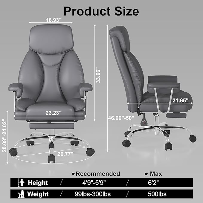 Big and Tall Office Chair, Ergonomic Leather High Back Executive Computer Desk Chair with Retractable Footrest and Padded Arms, 360°Swivel Free, 90-135°Reclining, 500lbs Wide Seat, Gray