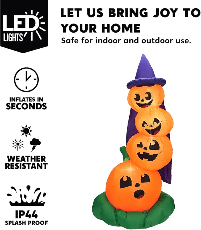 Joiedomi 6 FT Halloween Inflatables Outdoor Decorations, Blow Up Yard Decorations Inflatable Pumpkins with Witch Hat with Build-in LEDs, Stacked Pumpkins Blow Ups for Yard, Halloween Decor