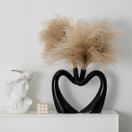 Black Hollow Ceramic Vases for Home Decor, Love Heart Snuggle Vase Set of 2, Modern Nordic Aesthetic Decorative Vase for Table Centerpiece Living Room Decoration (W 11.8" X H 9.8")