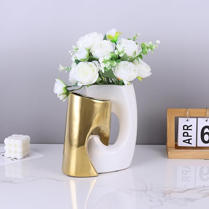 White and Gold Vase Set of 2, Nordic Modern Ins Style Vases, Boho Ceramic Vases for Centerpieces, Mid Century Abstract Donut Vase, Unique Funky Vase for Wedding, Decorative Pampas Grass Vase Decor