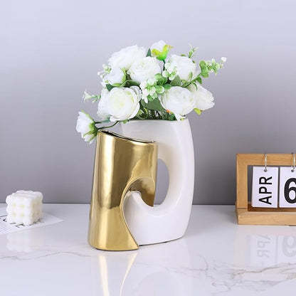White and Gold Vase Set of 2, Nordic Modern Ins Style Vases, Boho Ceramic Vases for Centerpieces, Mid Century Abstract Donut Vase, Unique Funky Vase for Wedding, Decorative Pampas Grass Vase Decor