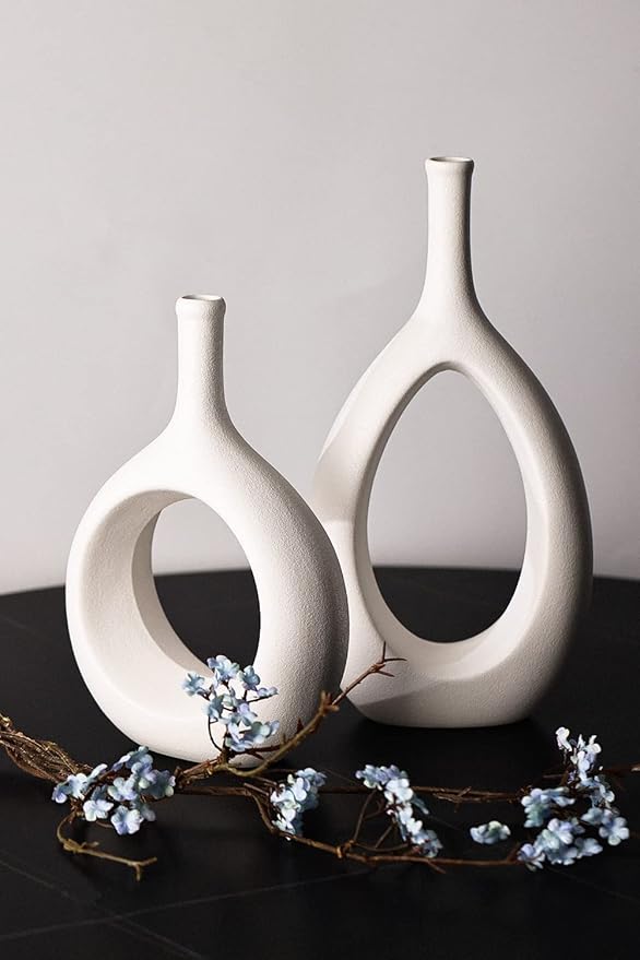White Ceramic Vase Set 2,Modern Hollow Circle with Hole Flower Vase for Home Decor,for Table Centerpieces,Farmhouse,Fire Place,Living Room,Bedroom,Office,Bookshelf,Rustic Decor