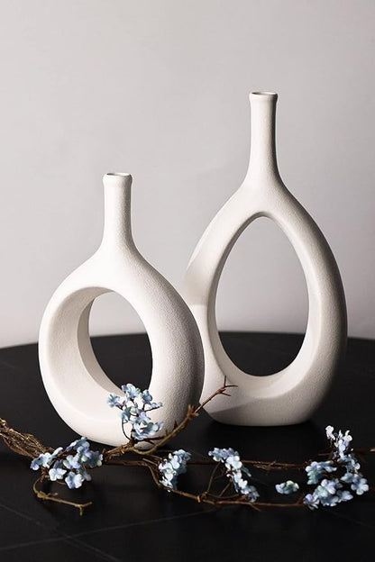 White Ceramic Vase Set 2,Modern Hollow Circle with Hole Flower Vase for Home Decor,for Table Centerpieces,Farmhouse,Fire Place,Living Room,Bedroom,Office,Bookshelf,Rustic Decor