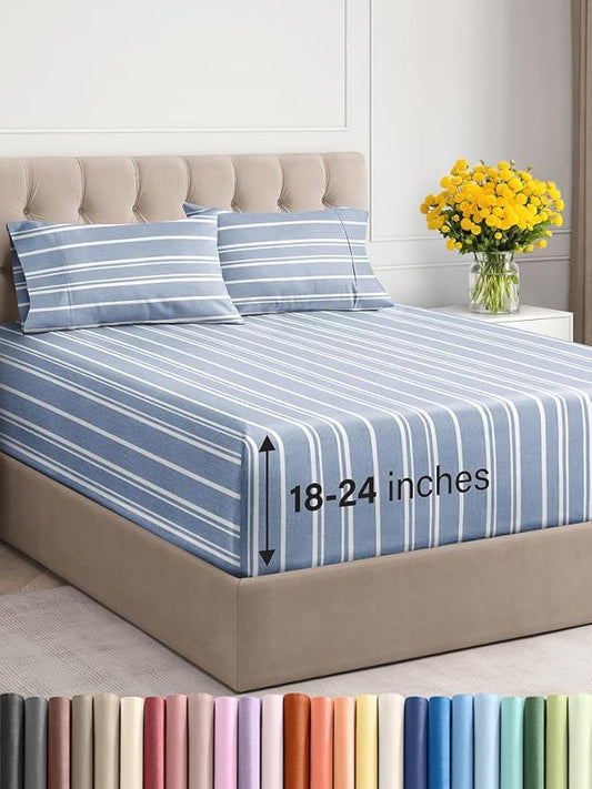 Extra Deep Twin XL Sheet Set - 4 Piece Breathable and Cooling Sheets - Hotel Luxury Bed Sheets Set - Easy Fit - Soft, Wrinkle Free and Comfy Sheets Set - Blue Striped Sheet Set with Extra Deep Pockets