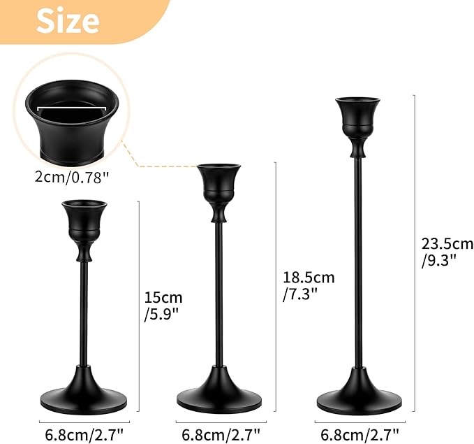 Nuptio Black Candle Holder Candlestick Holders Candle Sticks Holder Tapered Candle Holder, Taper Candle Holders for Wedding Christmas Party Mantel Dinner Home Decoration 2 Sets(6 Pcs)