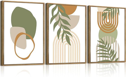 IARTTOP Sage Green Boho Wall Art Framed Abstract Bohemian Canvas Wall Art Mid Century Modern Wall Decor For Living Room Bedroom Office 12x16 Inch Set Of 3