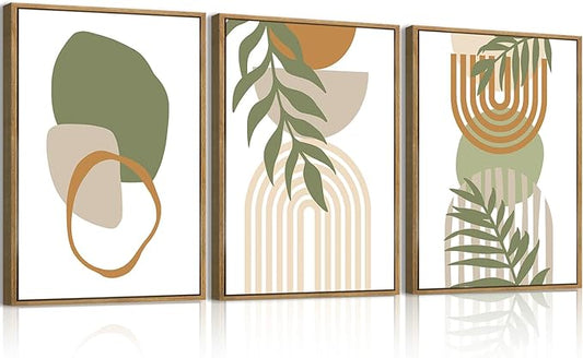 IARTTOP Sage Green Boho Wall Art Framed Abstract Bohemian Canvas Wall Art Mid Century Modern Wall Decor For Living Room Bedroom Office 12x16 Inch Set Of 3