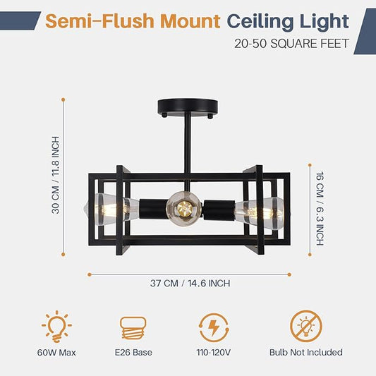 Industrial Semi Flush Mount Ceiling Light Fixture,4-Light Kichen Light Fixture Ceiling Mount,Farmhouse Chandelier,Modern Black Ceiling Light for Dining Room, Bedroom, Hallway