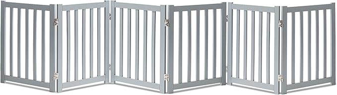 LZRS 6-Panel Extra-Wide Freestanding Wooden Dog Gate – 24”High Foldable Safety Pet Barrier for Doorways, Hallways, Kitchens, and Long Staircases, Durable Design fit Small to Medium Dogs, Grey