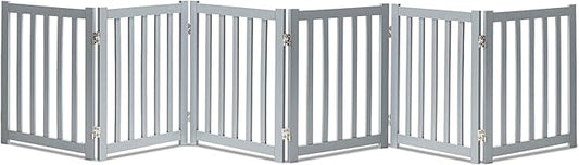 LZRS 6-Panel Extra-Wide Freestanding Wooden Dog Gate – 24”High Foldable Safety Pet Barrier for Doorways, Hallways, Kitchens, and Long Staircases, Durable Design fit Small to Medium Dogs, Grey