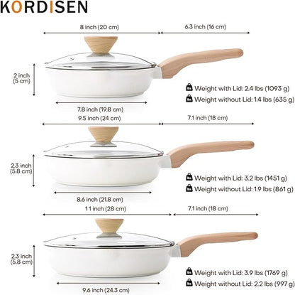 Kordisen Ceramic Nonstick Frying Pan Skillet Set with Lid, 3 Piece Ceramic Pans for Cooking Non Toxic, Healthy Induction Cookware, Stay-Cool Handle, PFOA & PFAS Free (8 Inch, 9.5 Inch, 11 Inch)