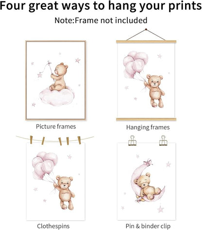 Bear Nursery Wall Art Decor Set of 3 Teddy Bear Wall Art Baby Girl Canvas Wall Decor Pink Pictures Balloon Nursery Children Prints Artwork Moon Star Cloud Art for Boys Room Bedroom 16x24 Inch Unframed