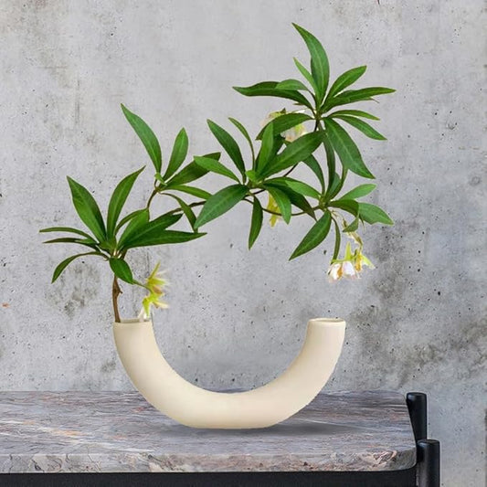 White Ceramic Vases in Nordic Style, Deco Vase for Pampas Grass as Boho Deco, Contemporary Flower Vase with Minimalistic Design for Fresh Flowers(Semicircular)