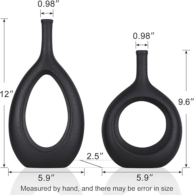 Black Ceramic Vase Set 2,Modern Hollow Circle with Hole Flower Vase for Home Decor,for Table Centerpieces,Farmhouse,Fire Place,Living Room,Bedroom,Office,Bookshelf,Rustic Decor