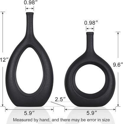 Black Ceramic Vase Set 2,Modern Hollow Circle with Hole Flower Vase for Home Decor,for Table Centerpieces,Farmhouse,Fire Place,Living Room,Bedroom,Office,Bookshelf,Rustic Decor