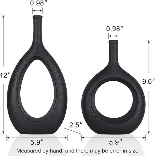 Black Ceramic Vase Set 2,Modern Hollow Circle with Hole Flower Vase for Home Decor,for Table Centerpieces,Farmhouse,Fire Place,Living Room,Bedroom,Office,Bookshelf,Rustic Decor